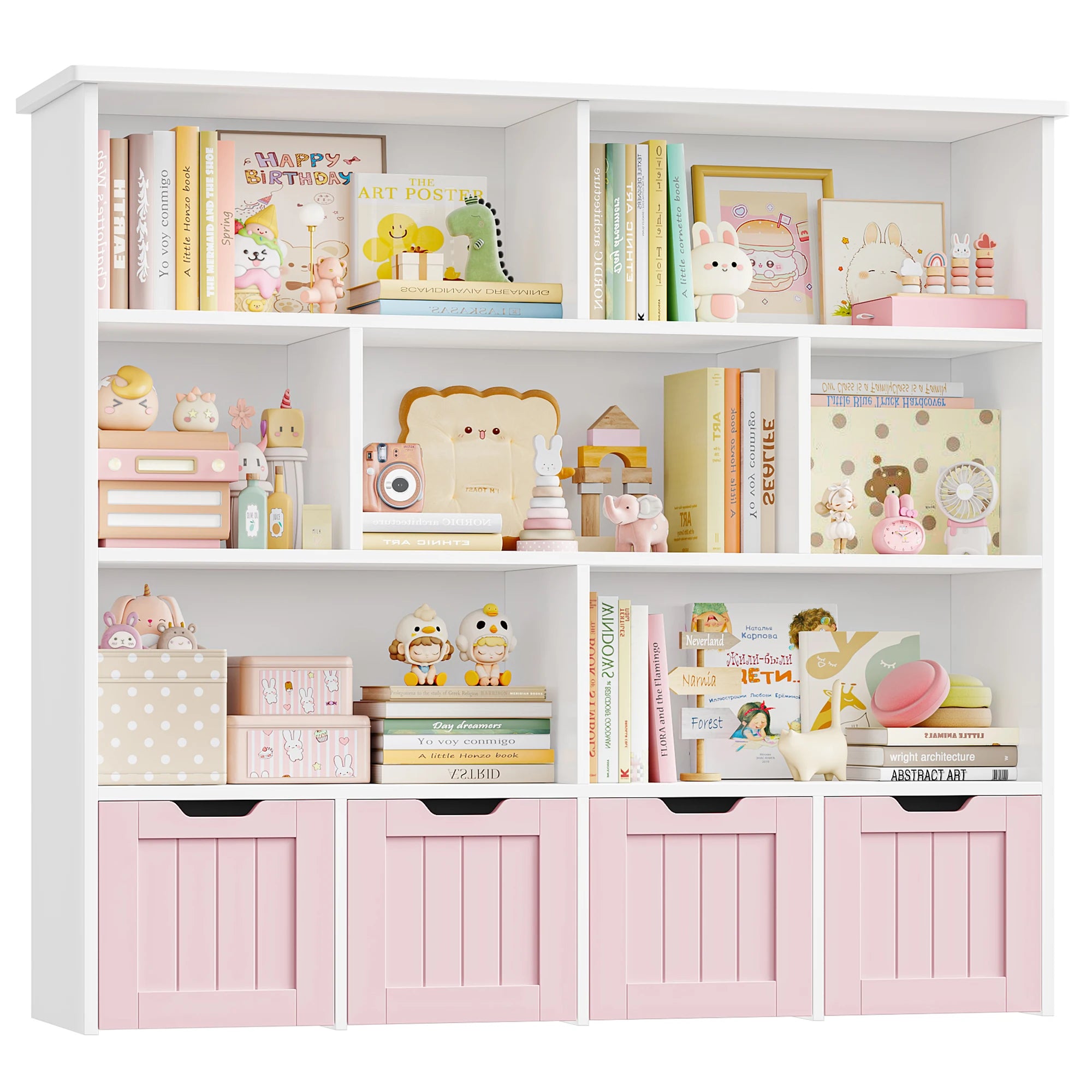 Kids Toy Storage Unit with Drawers & Shelves – White/Pink, 125x118 cm