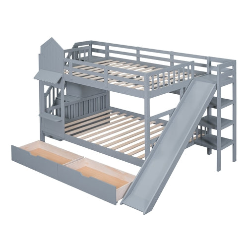 Castle-Style Bunk Bed Full Over Full – Solid Wood with Storage