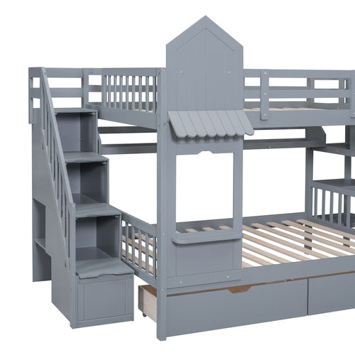 Castle-Style Bunk Bed Full Over Full – Solid Wood with Storage