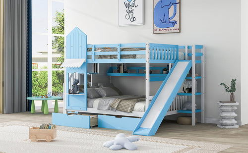 Castle-Style Bunk Bed Full Over Full – Solid Wood with Storage