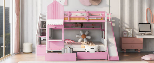 Castle-Style Bunk Bed Full Over Full – Solid Wood with Storage