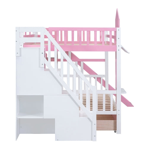 Castle-Style Bunk Bed Full Over Full – Solid Wood with Storage