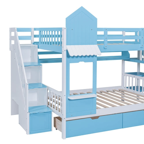 Castle-Style Bunk Bed Full Over Full – Solid Wood with Storage