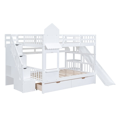 Castle-Style Bunk Bed Full Over Full – Solid Wood with Storage