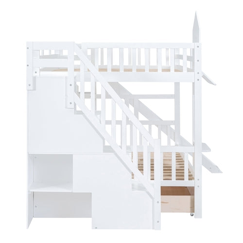 Castle-Style Bunk Bed Full Over Full – Solid Wood with Storage