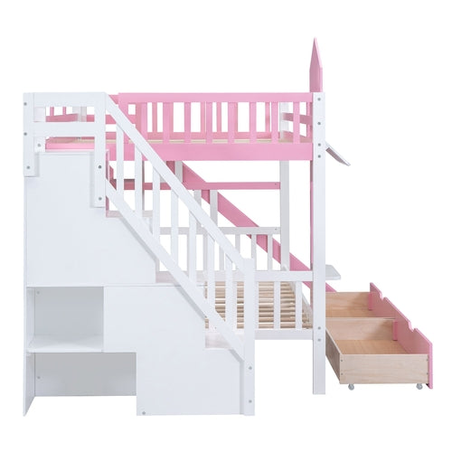 Castle-Style Bunk Bed Full Over Full – Solid Wood with Storage