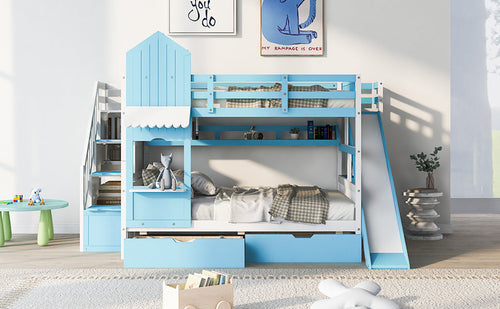 Castle-Style Bunk Bed Full Over Full – Solid Wood with Storage