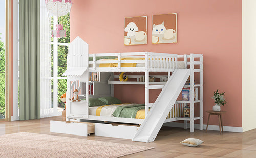 Castle-Style Bunk Bed Full Over Full – Solid Wood with Storage