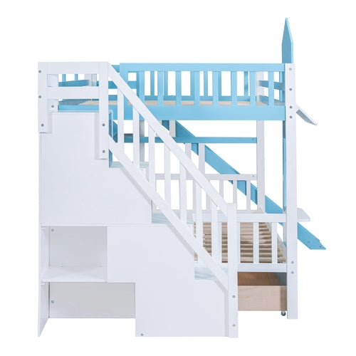 Castle-Style Bunk Bed Full Over Full – Solid Wood with Storage