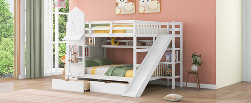 Castle-Style Bunk Bed Full Over Full – Solid Wood with Storage