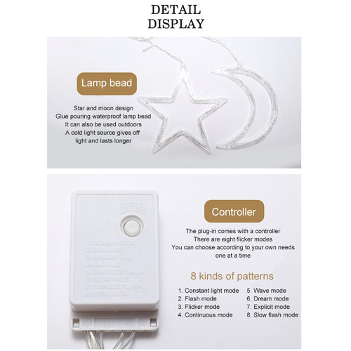 Moon & Star String Lights – 3 m, Remote Control & 8 Modes