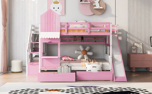 Castle-Style Bunk Bed Full Over Full – Solid Wood with Storage