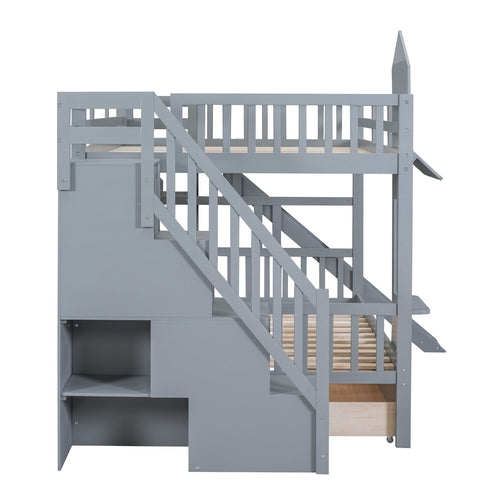 Castle-Style Bunk Bed Full Over Full – Solid Wood with Storage