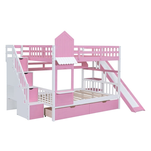 Castle-Style Bunk Bed Full Over Full – Solid Wood with Storage