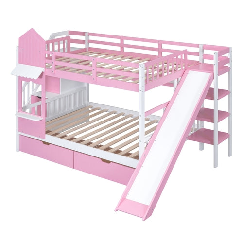 Castle-Style Bunk Bed Full Over Full – Solid Wood with Storage