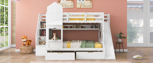 Castle-Style Bunk Bed Full Over Full – Solid Wood with Storage