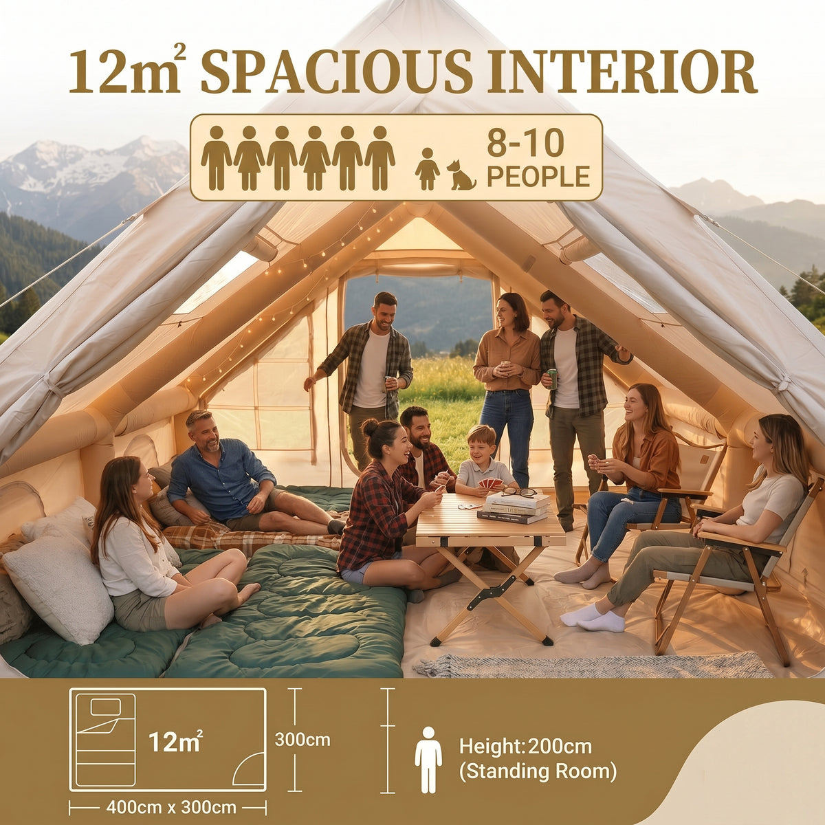Tente de camping gonflable 12 m² – Kaki avec lanterneau (UE)