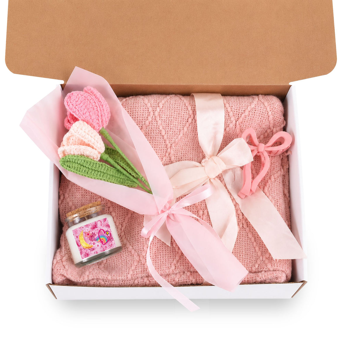 Blush & Bloom Candy Stars Gift Set — Pink Cozy Candle, Crochet Bouquet & Knit Blanket