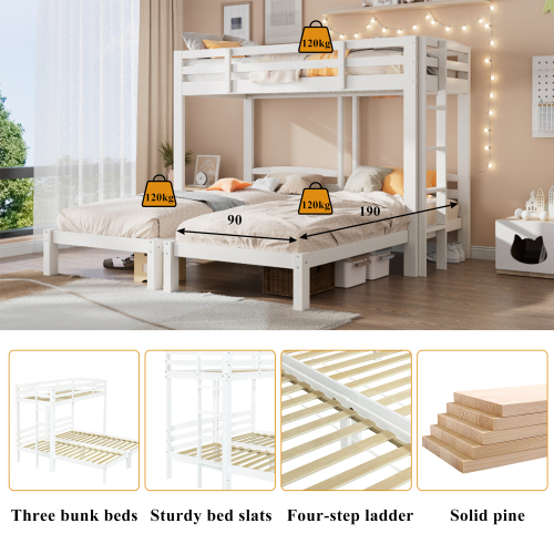 Triple Bunk Bed with Side Ladder – White 3FT Single (UK)
