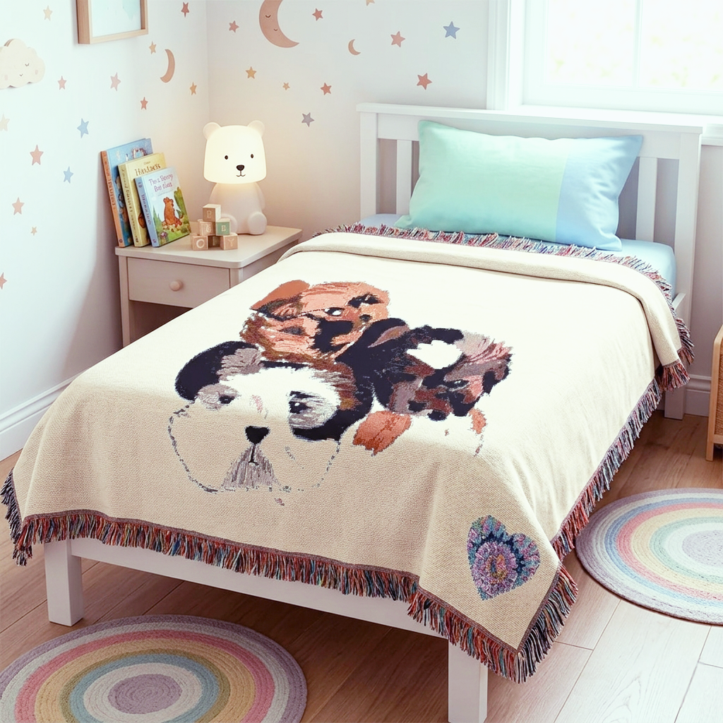 Indie Love Puppy Faces Woven Blanket | Cute Puppy Portrait Throw
