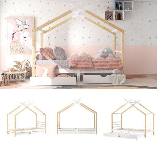 Kids House Canopy Bed with Storage Drawers – Solid Pine 3FT (UK)