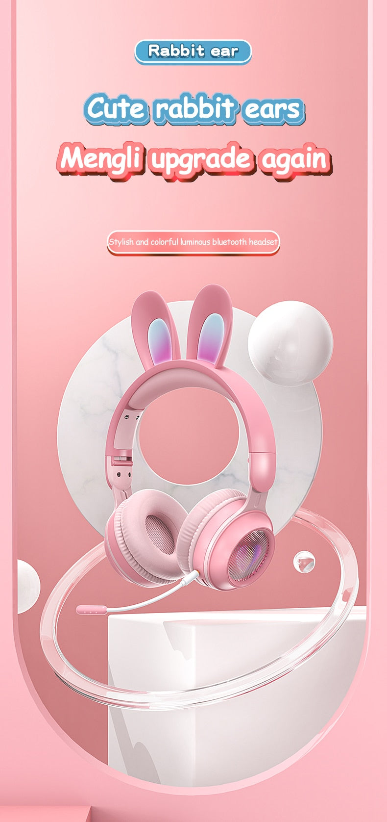 Rabbit Ear Wireless Headphones | LED Glow, Bluetooth 5.0, Kids & Teens