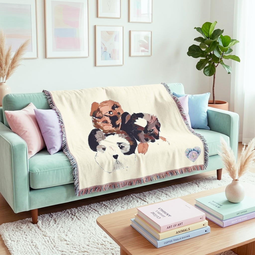 Indie Love Puppy Faces Woven Blanket | Cute Puppy Portrait Throw