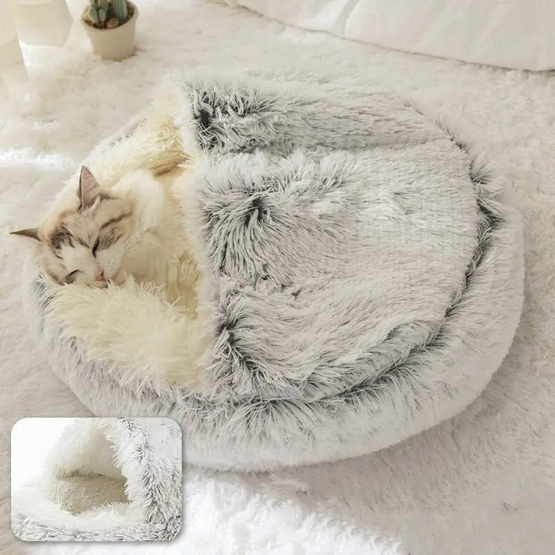 Plüsch-Rundes Katzenbett Haustiermatratze Warm Weich Bequemer Korb Katze Hund 2 in 1 Schlafsack Nest für kleine Hunde