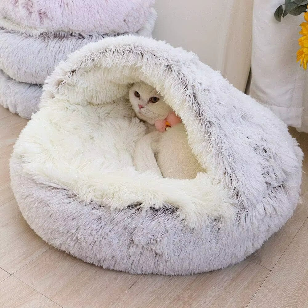 Plüsch-Rundes Katzenbett Haustiermatratze Warm Weich Bequemer Korb Katze Hund 2 in 1 Schlafsack Nest für kleine Hunde