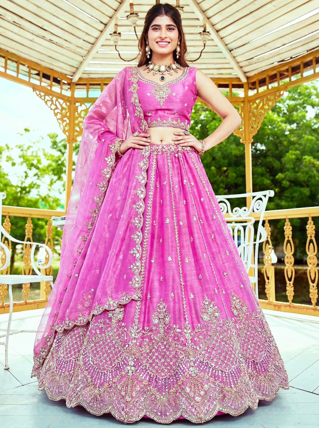 Pink Satin Motif and Crystal Handwork Designer Partywear Lehenga Choli: Midsummer Festival