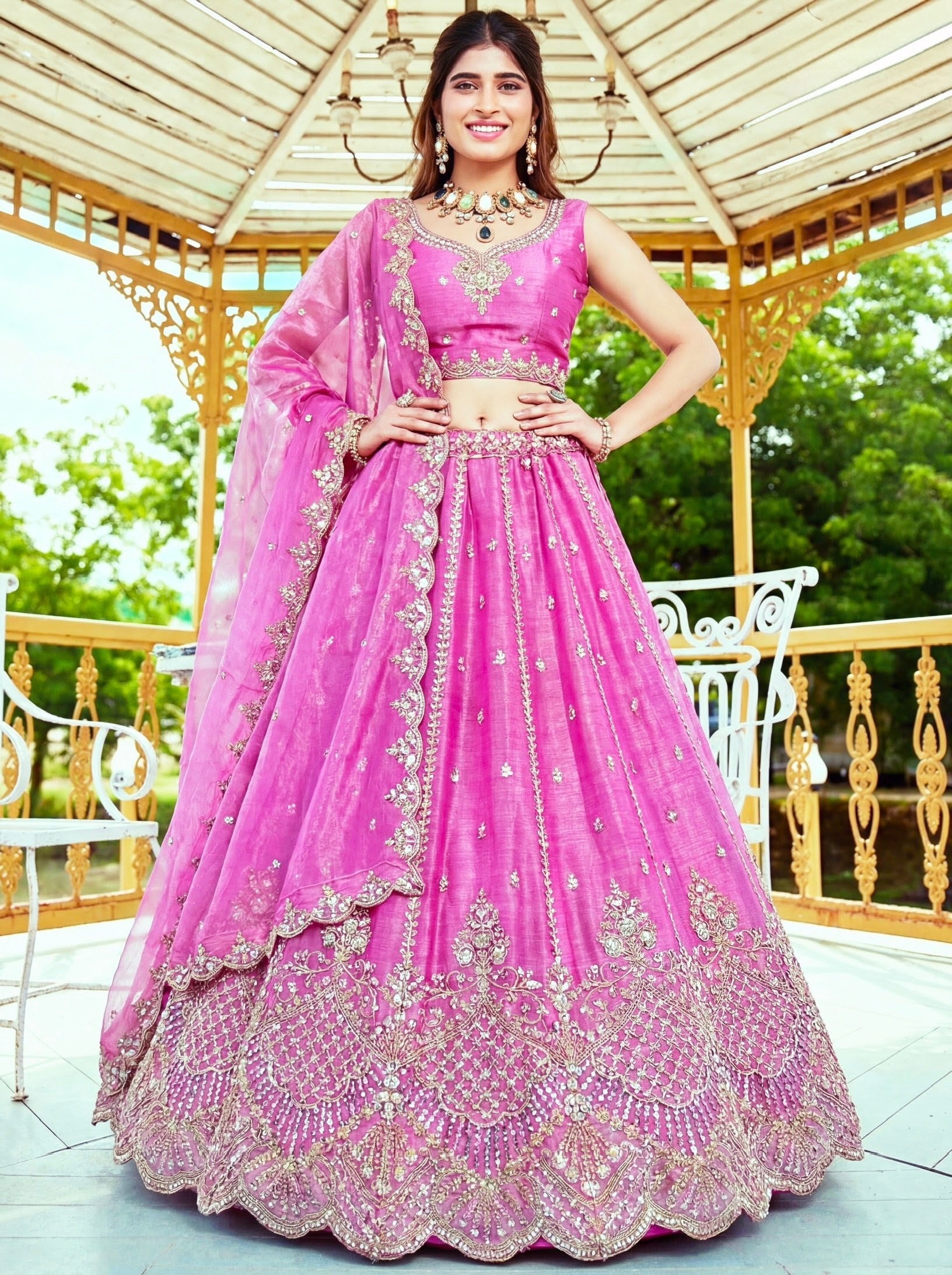 Pink Satin Motif and Crystal Handwork Designer Partywear Lehenga Choli: Midsummer Festival