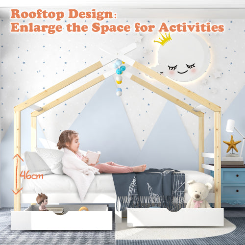 Kids House Canopy Bed with Storage Drawers – Solid Pine 3FT (UK)