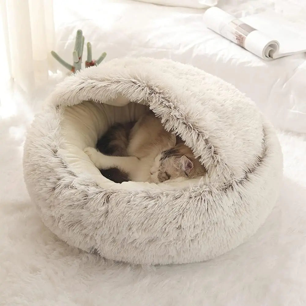 Plüsch-Rundes Katzenbett Haustiermatratze Warm Weich Bequemer Korb Katze Hund 2 in 1 Schlafsack Nest für kleine Hunde