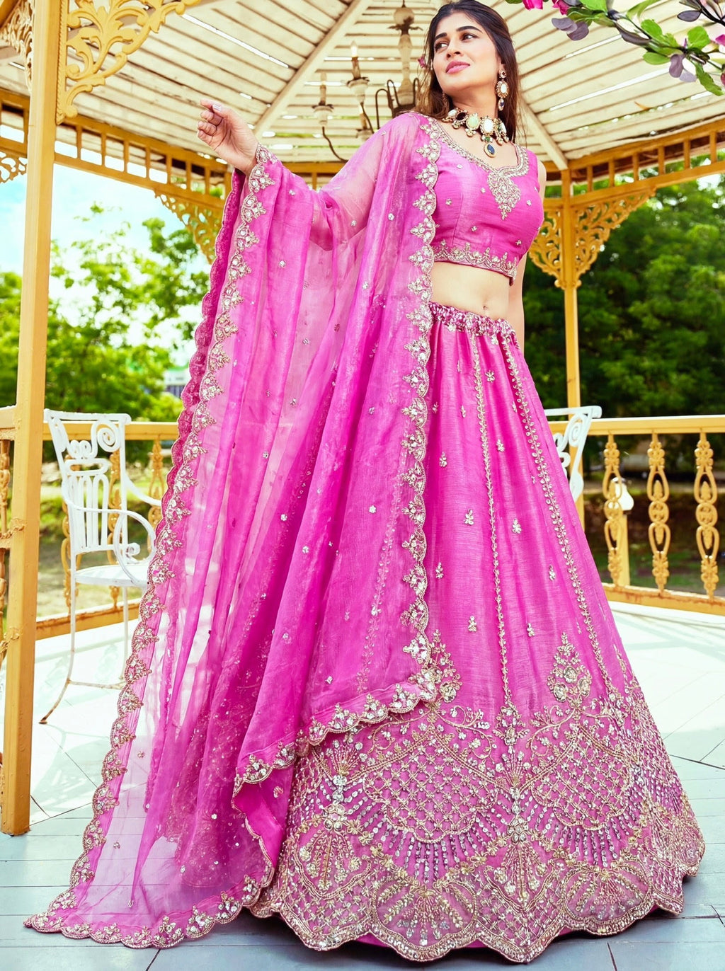 Pink Satin Motif and Crystal Handwork Designer Partywear Lehenga Choli: Midsummer Festival