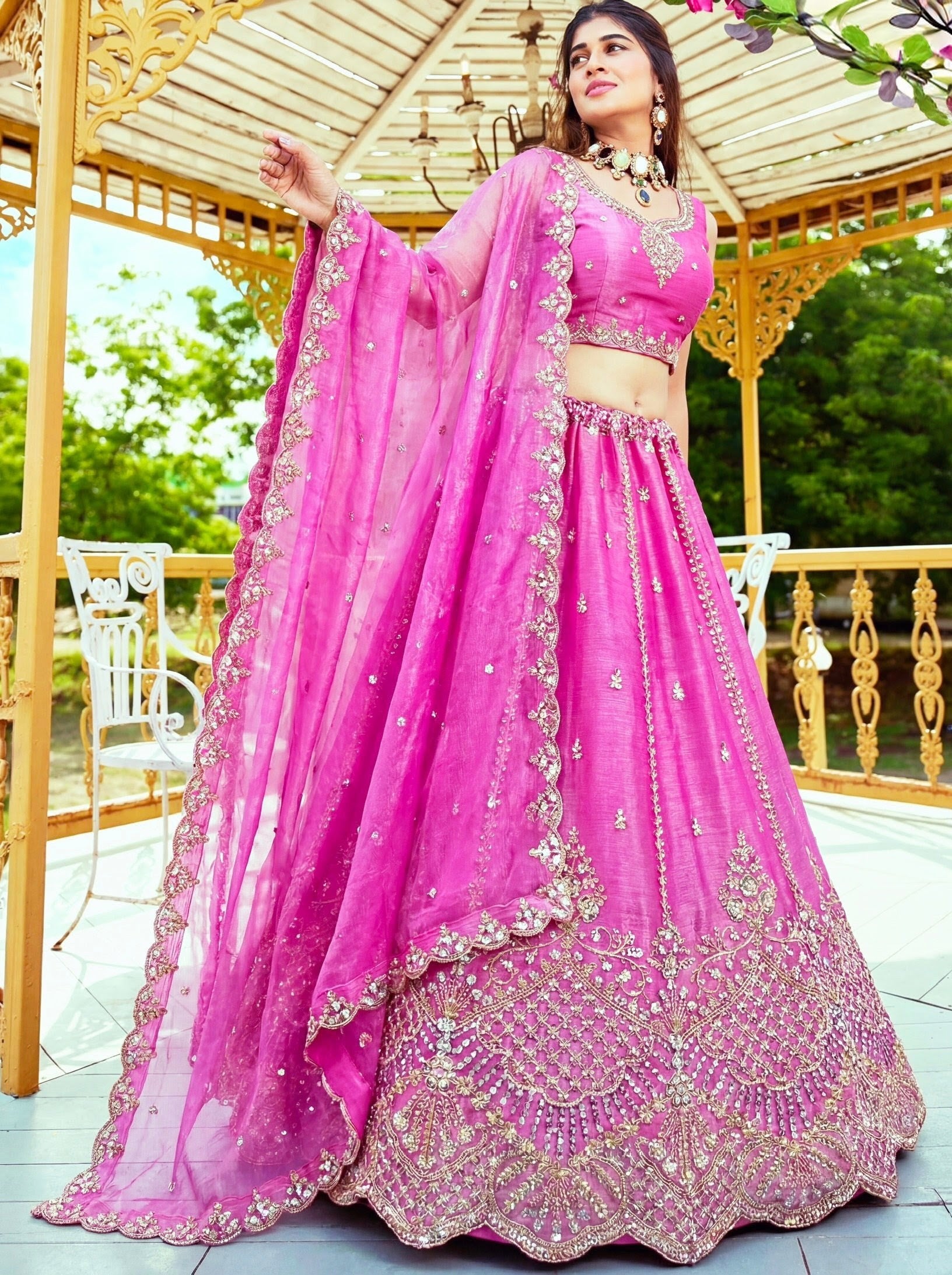 Pink Satin Motif and Crystal Handwork Designer Partywear Lehenga Choli: Midsummer Festival