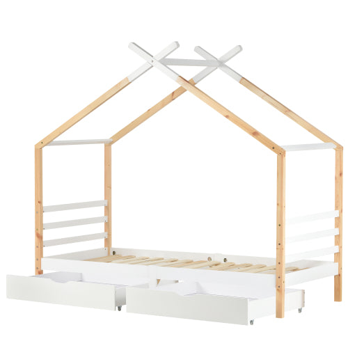Kids House Canopy Bed with Storage Drawers – Solid Pine 3FT (UK)