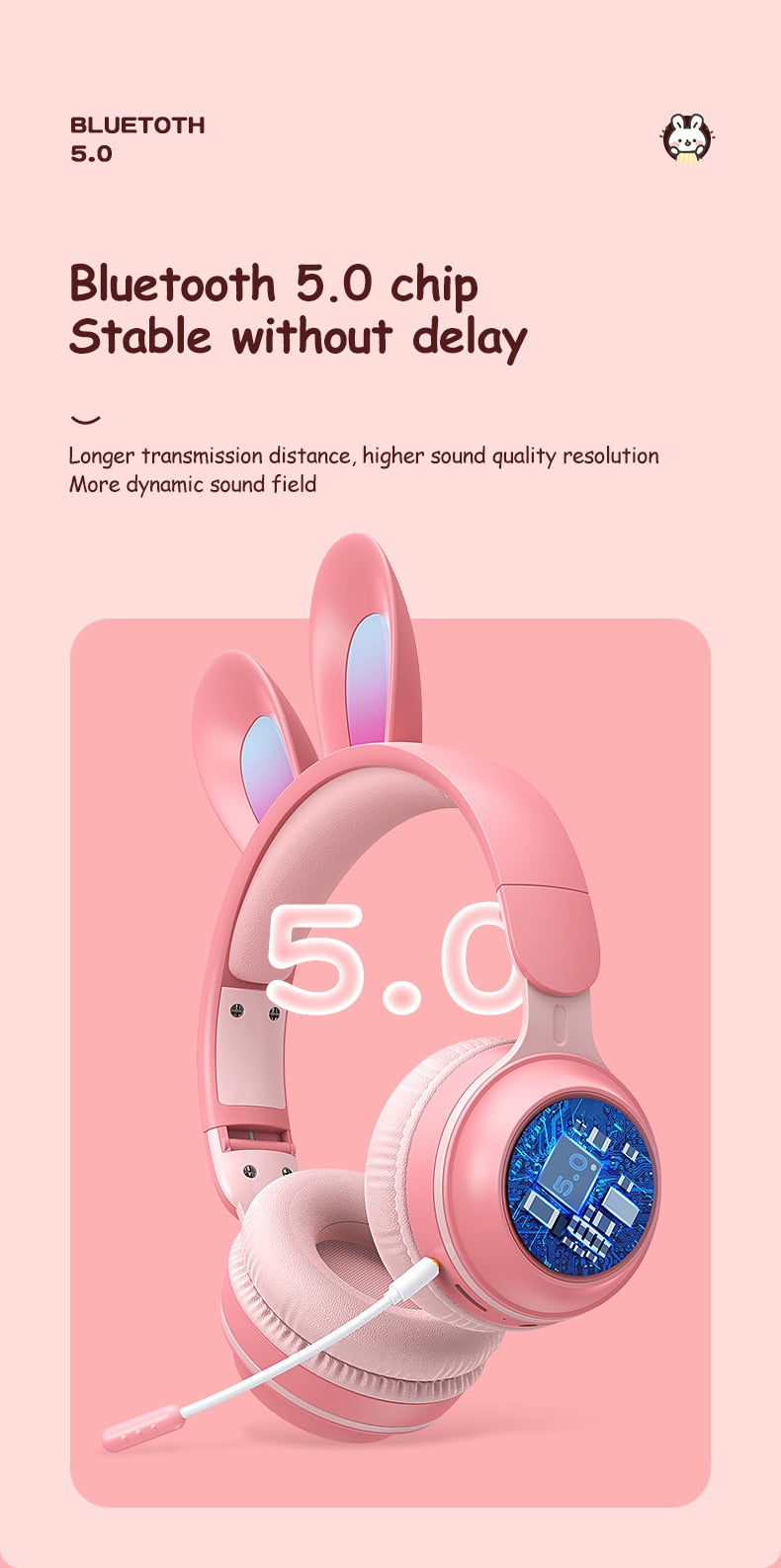 Rabbit Ear Wireless Headphones | LED Glow, Bluetooth 5.0, Kids & Teens