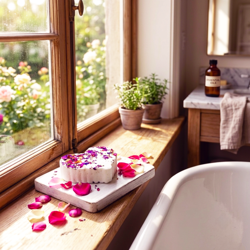 Rosenherz Badebombe – Bio Valentinstagsgeschenk mit Rosenblättern