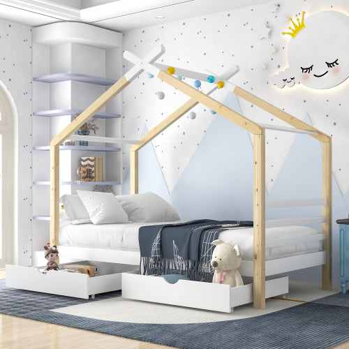 Kids House Canopy Bed with Storage Drawers – Solid Pine 3FT (UK)