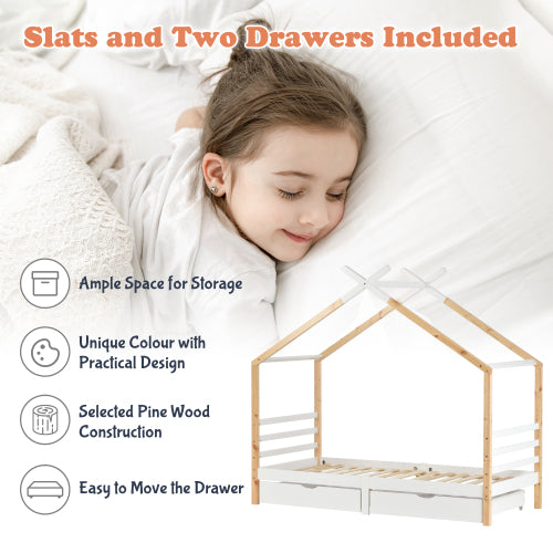 Kids House Canopy Bed with Storage Drawers – Solid Pine 3FT (UK)