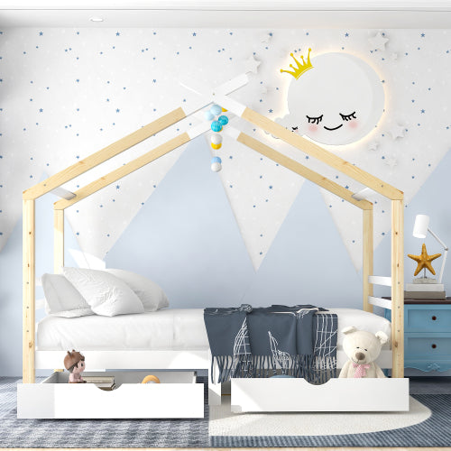 Kids House Canopy Bed with Storage Drawers – Solid Pine 3FT (UK)