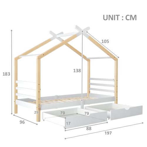 Kids House Canopy Bed with Storage Drawers – Solid Pine 3FT (UK)