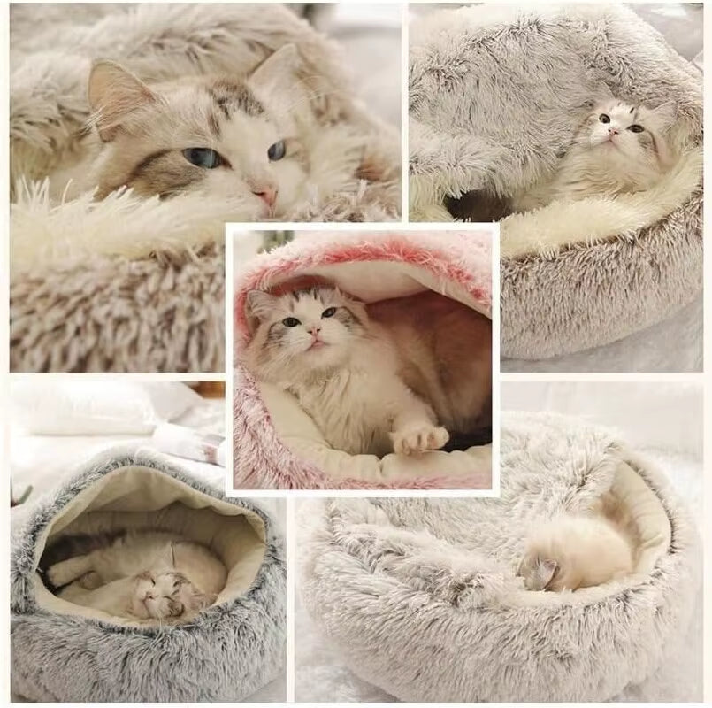 Plüsch-Rundes Katzenbett Haustiermatratze Warm Weich Bequemer Korb Katze Hund 2 in 1 Schlafsack Nest für kleine Hunde